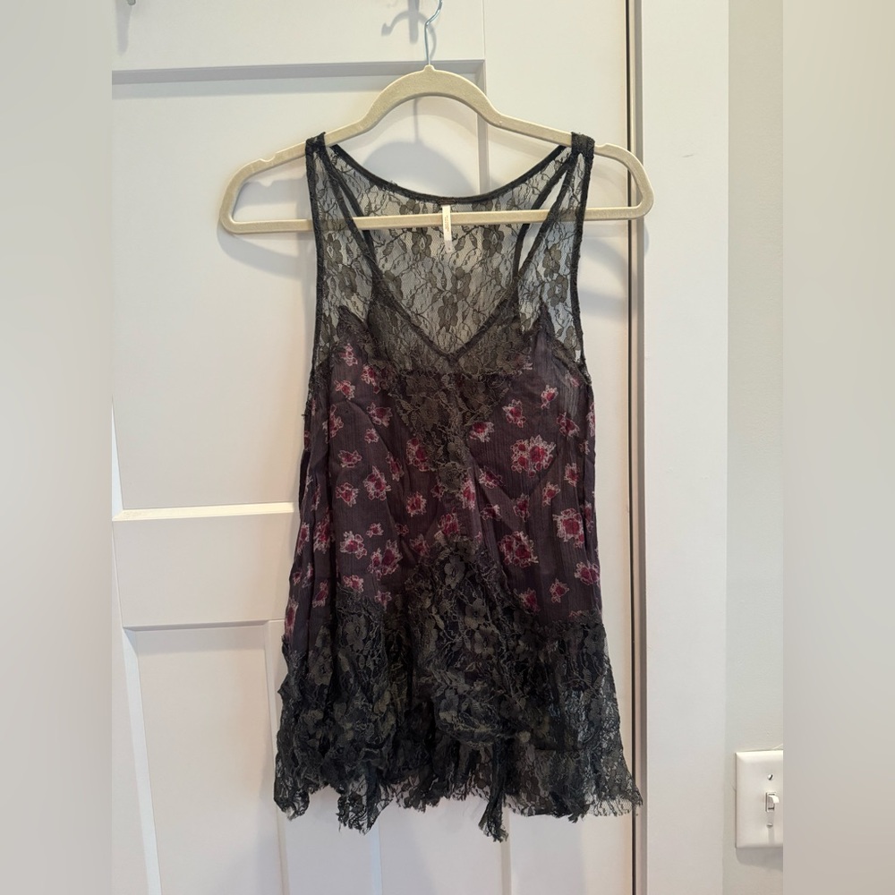 Free People Black and Pink Lace Tank Top